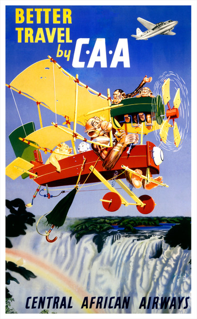Better Travel by CAA Vintage Poster 1952 French Travel Advertisement – High Quality Giclee Reproduction Fine Art Print. Featuring a whimsical illustration of monkeys piloting a makeshift flying machine over Victoria Falls, with a sleek modern aircraft soaring above.