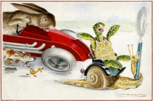 Fables de la Fontaine Vintage Poster by Mauzan 1940 French Transportation Advertisement - High Quality Giclee Reproduction Fine Art Print. Featuring a whimsical and humorous illustration of a hare driving a red race car while a tortoise rides a snail in a playful take on the classic fable. Horizontal poster.