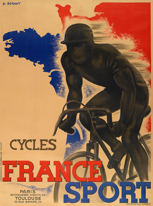 Cycles France Sport Vintage Poster by A. Bernat 1920's French Sport Bicycle Advertisement - High Quality Giclee Reproduction Fine Art Print. Featuring a bold and dynamic illustration of a cyclist in motion, set against a striking red, white, and blue background evoking the French flag, promoting France Sport bicycles in Paris and Toulouse.
