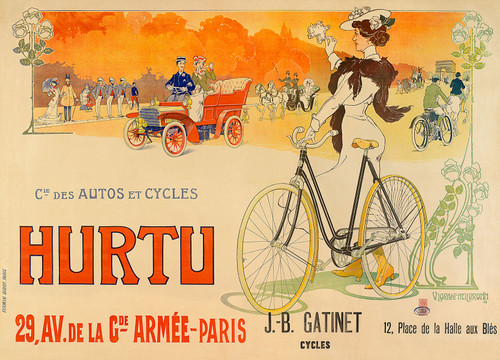 Hurtu Cycles & Automobiles Vintage Poster by V. Lorent-Heilbrown 1903 French Transportation Advertisement - High Quality Giclee Reproduction Fine Art Print. Featuring an elegant woman in a fashionable outfit standing beside a stylish bicycle, with vintage automobiles and cyclists in the background, promoting the Hurtu brand in Paris. Horizontal poster.