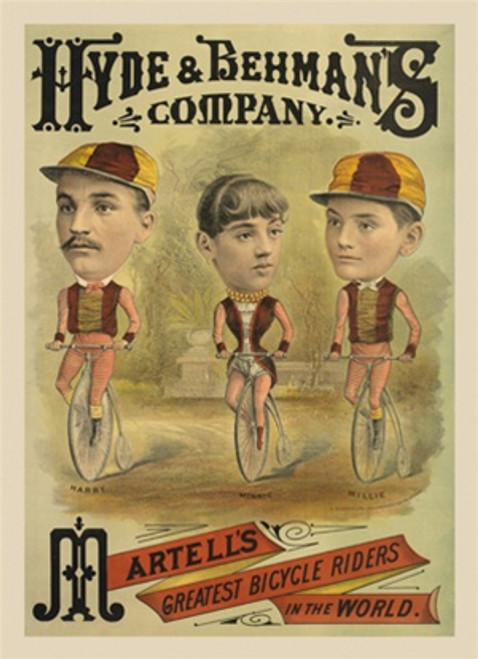 Hyde and Behmans Vintage Poster 1905 French Bicycle Advertisement - High Quality Giclee Reproduction Fine Art Print. Featuring a whimsical and surreal illustration of three famous bicycle riders with exaggerated heads, promoting Martell’s greatest cycling performers in a theatrical setting.