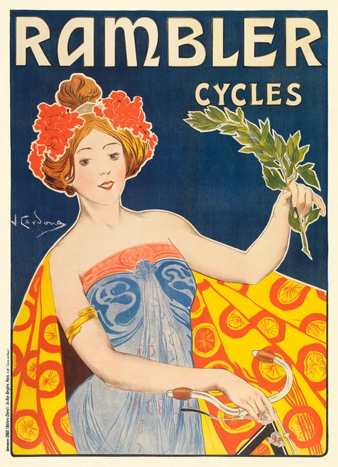 Rambler Cycles Vintage Poster by Juan Cordona 1901 French Bicycle Advertisement - High Quality Giclee Reproduction Fine Art Print. Featuring an elegant Art Nouveau-style illustration of a woman in a flowing gown adorned with floral elements, holding a laurel branch while gracefully riding a bicycle.