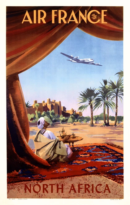Air France North Africa Vintage Poster by Guerre 1952 French Travel Advertisement - High Quality Giclee Reproduction Fine Art Print. Featuring a serene desert scene framed by flowing drapery, with a man enjoying tea on a colorful rug while an Air France airplane soars above palm trees and a distant kasbah.