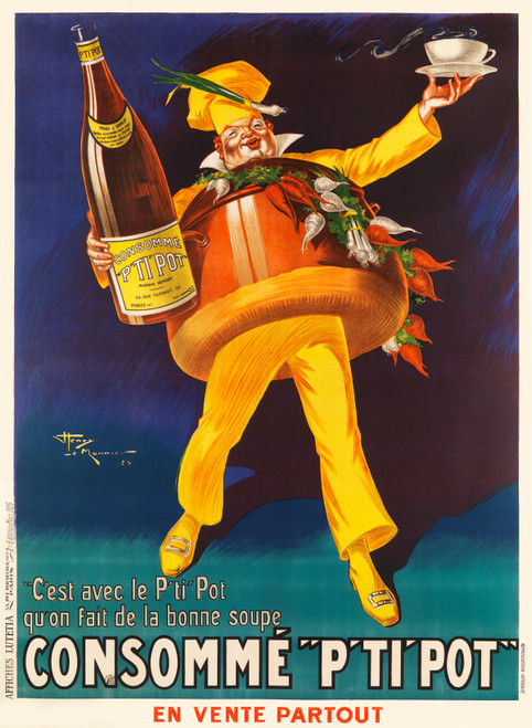 Consomme P' Ti' Pot Vintage Poster by Henry Le Monnier 1926 French Bone Soup Advertisement - High Quality Giclee Reproduction Fine Art Print. Featuring a whimsical chef dressed in yellow, joyfully balancing a steaming bowl of soup while holding a large bottle of consomme, promoting the French soup brand with vibrant colors and playful design.