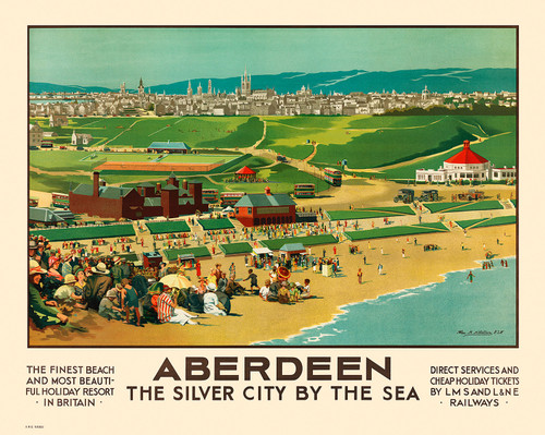 Aberdeen Vintage Poster by Alex McLellan 1935 British Travel Advertisement - High Quality Giclee Reproduction Fine Art Print. Featuring a vibrant seaside scene showcasing Aberdeen’s beach, bustling promenade, and the city skyline in the background, promoting it as "The Silver City by the Sea" with railway travel. Horizontal poster.