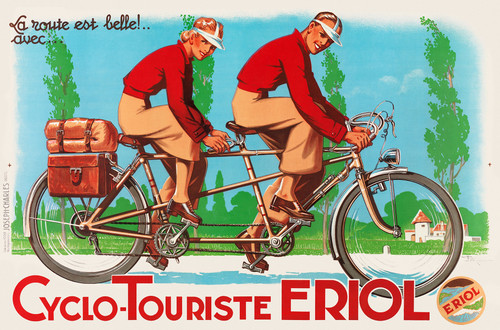 Cyclo-Touriste Eriol Vintage Poster by Henry Le Monnier 1938 French Touring Bicycles Advertisement - High Quality Giclee Reproduction Fine Art Print. Featuring a couple riding a tandem bicycle with a scenic background, both wearing sporty red shirts and visors, with a large travel bag on the bike, evoking a sense of adventure and freedom. Horizontal poster.