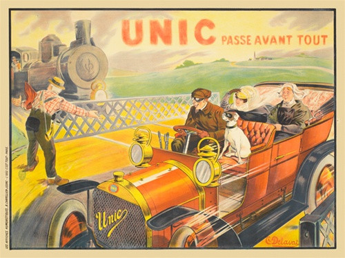 Unic Passe Avant Tout Vintage Poster by Charles Delavat 1900 French Automotive Advertisement - High Quality Giclee Reproduction Fine Art Print. Featuring a scene with a red car, a dog, and passengers passing a railroad crossing, as a worker signals them, set against a colorful landscape with a train approaching.