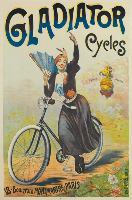 Gladiator Cycles Vintage Poster 1892 French Bicycle Advertisement - High Quality Giclee Reproduction Fine Art Print. Featuring a woman riding a bicycle and holding a fan, exuding joy and elegance. Set against a vibrant, floral background with the iconic Gladiator logo.