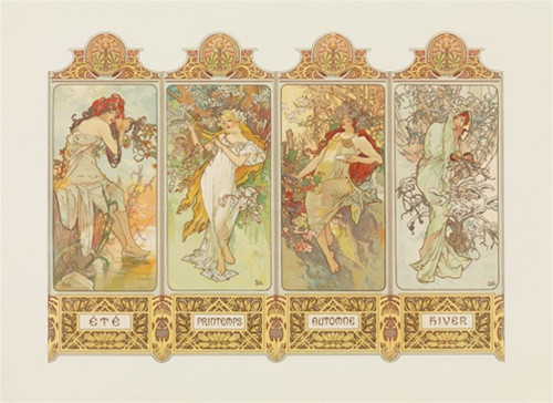 Four Seasons Vintage Poster by Alphonse Maria Mucha 1895 French Decortive Panel Advertisement - High Quality Giclee Reproduction Fine Art Print. Featuring four women representing the four seasons: Summer (Ete), Spring (Printemps), Autumn (Automne), and Winter (Hiver), each woman is adorned in flowing dresses surrounded by floral and seasonal elements, set against a decorative background. Horizontal Poster.
