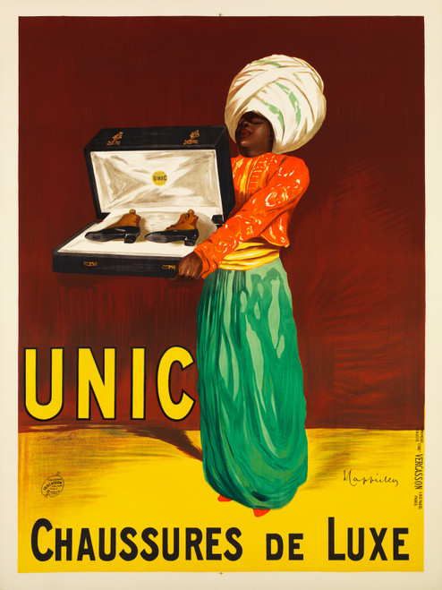 UNIC Chaussures De Luxe Vintage Poster by Leonetto Cappiello 1913 French Shoe Advertisement – High Quality Giclee Reproduction Fine Art Print. Featuring a person wearing a colorful orange jacket, green skirt, and white turban, holding an open shoe box displaying a pair of elegant shoes, set against a rich red and yellow background.