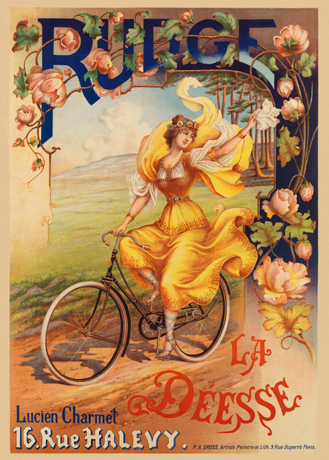 Rudge La Deesse Vintage Poster by Peter Alfred Gross 1900 French Cosmetic Advertisement – High Quality Giclee Reproduction Fine Art Print. Featuring a woman in a yellow dress and flower crown, riding a bicycle with her flowing dress swirling around her against a scenic landscape, set within an ornate floral frame with the word RUGE at the top.