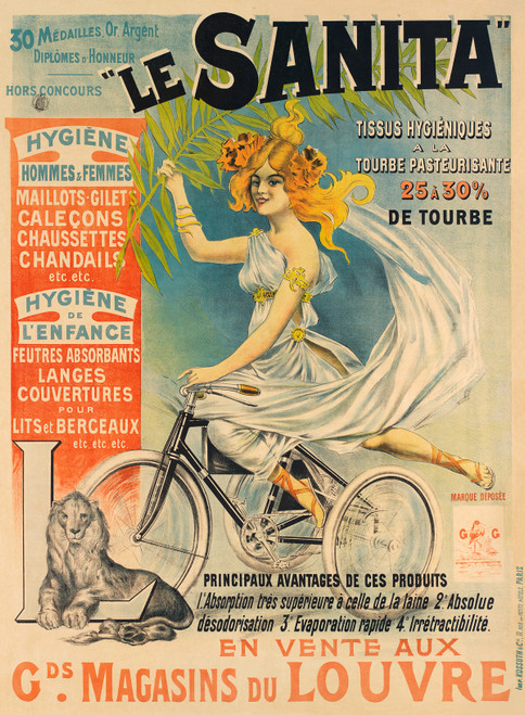 Le Sanita Hygiene Vintage Poster 1898 French Cycling and Hygiene Product Advertisement – High Quality Giclee Reproduction Fine Art Print. Featuring a woman wearing a white gown with flowers in her hair, riding a bicycle next to a lion, set against a colorful background with product text.