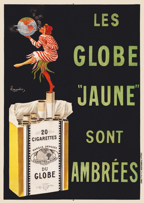 Les Globe Jaune Sont Ambrees Vintage Poster by Leonetto Cappiello 1910 French Tobacco Advertisement – High Quality Giclee Reproduction Fine Art Print. Featuring a woman in a striped outfit holding a cigarette and a globe while blowing smoke, balancing on one leg on a pack of Globe cigarettes.