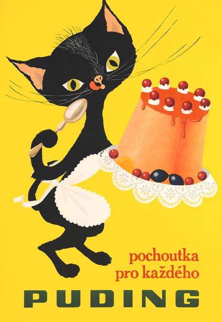 Puding Pochoutka Pro Kazdeho Vintage Poster 1948 Czech Food Advertisement – High Quality Giclee Reproduction Fine Art Print. Featuring a playful black cat wearing a white apron, holding a spoon, next to a pudding topped with whipped cream and cherries. The background is bright yellow, with the text "pochoutka pro kazdeho PUDING" prominently displayed, adding a fun and nostalgic touch to the piece.