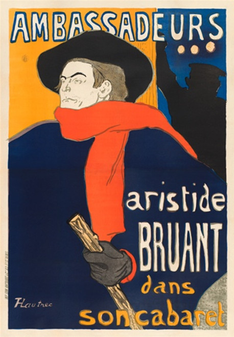 Ambassadeurs Aristide Bruant Vintage Poster by Henri de Toulouse Lautrec 1892 French Cabaret Theater Advertisement – High Quality Giclee Reproduction Fine Art Print. Featuring a striking illustration of Aristide Bruant wearing a large black hat, a red scarf, and holding a cane. The bold typography and vibrant colors highlight the lively atmosphere of the Parisian cabaret.