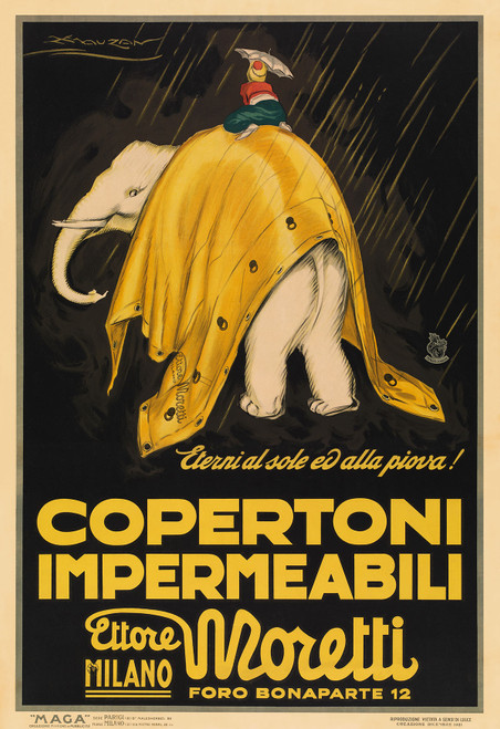 Copertoni Impermeabili Moretti Vintage Poster by Luciano Achille Mauzan 1921 Italian Cover Product Advertisement – High Quality Giclee Reproduction Fine Art Print. Featuring a playful illustration of an elephant covered by a bright yellow raincoat, with a person sitting atop holding an umbrella as it rains, promoting the durability of Moretti waterproof covers.