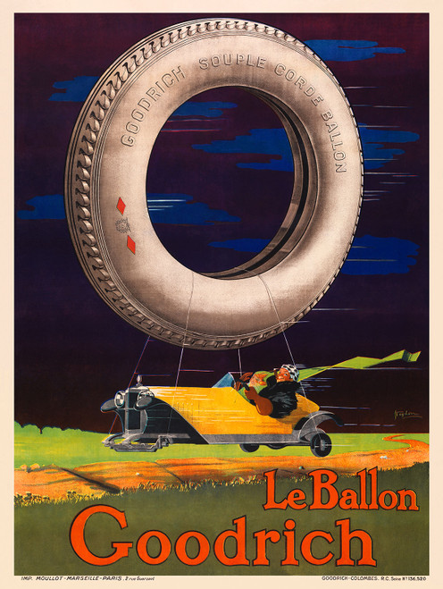 Le Ballon Goodrich Vintage Poster by Stephen 1920 French Tire Advertisement – High Quality Giclee Reproduction Fine Art Print. Featuring a giant Goodrich tire floating like a hot air balloon, lifting a yellow vintage car with a man sitting inside. The vibrant background highlights the sense of speed and innovation.