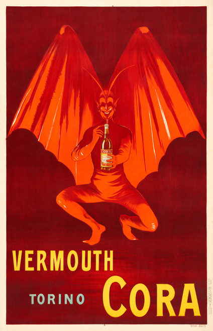 Vermouth Cora Torino Vintage Poster by Leonetto Cappiello 1915 French Liqueur Advertisement – High Quality Giclee Reproduction Fine Art Print. Featuring a mischievous red devil with large wings, holding a bottle of Vermouth Cora in front of a dramatic red backdrop. The bold image highlights the playful and striking character for the Torino-based vermouth brand.