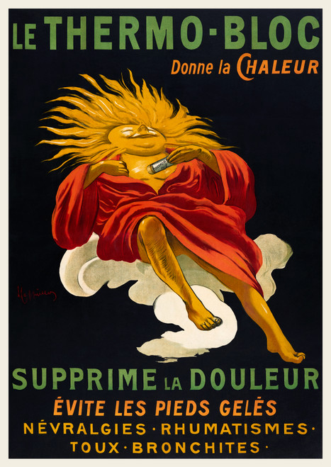 Le Thermo-Bloc Donne La Chaleur Vintage Poster by Leonetto Cappiello 1919 French Medical Advertisement – High Quality Giclee Reproduction Fine Art Print. Featuring a vibrant and humorous depiction of a human figure with a sun-inspired head, in a red robe holding a Thermo-Bloc, a heating device, with rays emanating from it. The figure floats above the clouds, conveying warmth and relief from pain.
