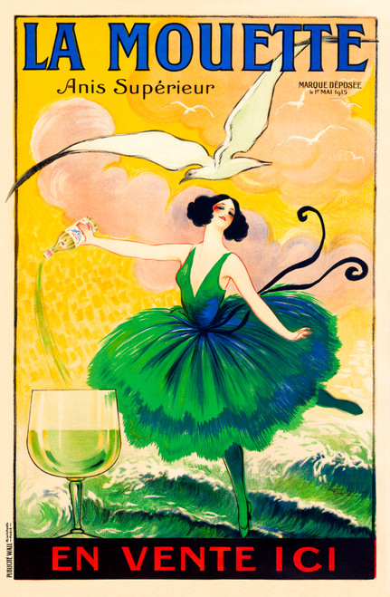 La Mouette Anis Superieur Vintage Poster by Raoul Vion 1920 French Wine and Spirits Advertisement – High Quality Giclee Reproduction Fine Art Print. Featuring a graceful woman in a flowing green dress, holding a bottle of Anis Superieur and pouring it into a glass, with a seagull soaring above her.