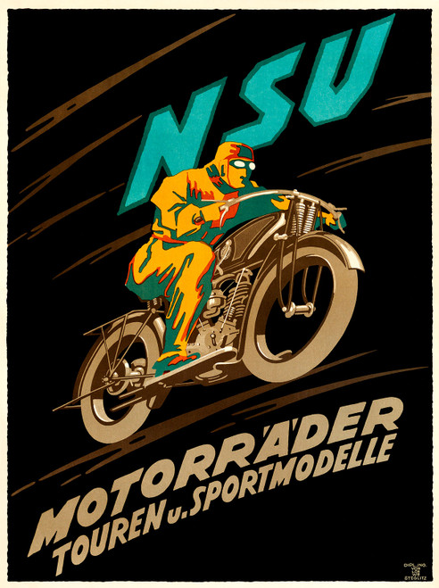 NSU Motorrader Vintage Poster 1922 German Motorcycle Advertising – High Quality Giclee Reproduction Fine Art Print. Featuring a bold depiction of a motorcyclist in full gear speeding along on an NSU bike, with motion lines emphasizing the speed and power of the machine.