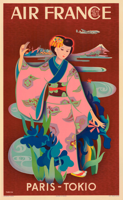 Air France Paris-Tokio Vintage Poster by Yasse Tabuchi 1952 French Airline Advertisement – High Quality Giclee Reproduction Fine Art Print. Featuring a graceful Geisha in a pink kimono with delicate floral patterns, standing amidst blue irises, with Mount Fuji and an Air France plane in the background.