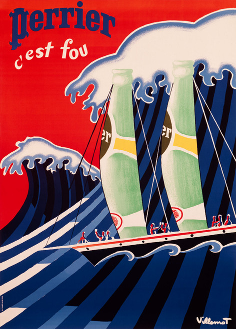 Perrier C’est Fou Vintage Poster by Bernard Villemot 1980s French Sparkling Water Advertisement – High Quality Giclee Reproduction Fine Art Print. Featuring a dynamic design of Perrier bottles in the midst of large waves, illustrating the refreshing energy of the drink.