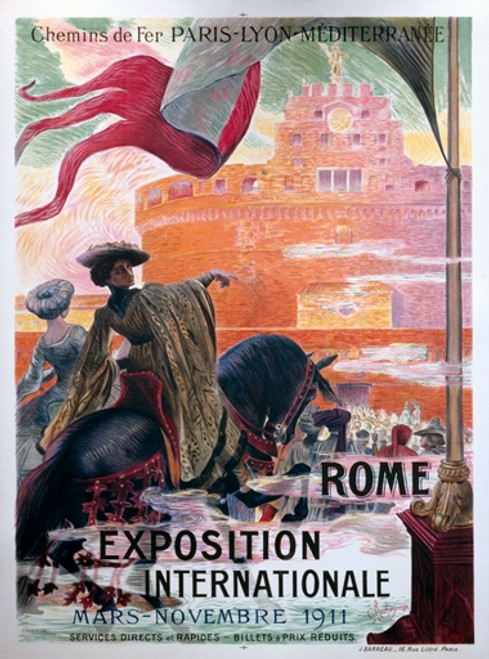 Exposition Internationale Rome Vintage Poster by Georges-Antoine Rochegrosse 1911 French Railway Advertisement – High Quality Giclee Reproduction Fine Art Print. A vintage poster showcasing a lady in historical attire on horseback waving a flag, with the vibrant backdrop of Rome’s Expo 1911 and Paris-Lyon-Mediterranee railway services.