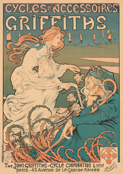 Griffiths Cycles and Accessoires Vintage Poster by A. Tairiet 1898 French Bicycle Advertisement – High Quality Giclee Reproduction Fine Art Print. This art nouveau-inspired design shows a young woman gently handing a flower to an elderly woman seated on a bicycle, beautifully capturing the grace and elegance of the cycle, surrounded by floral motifs and soft colors.