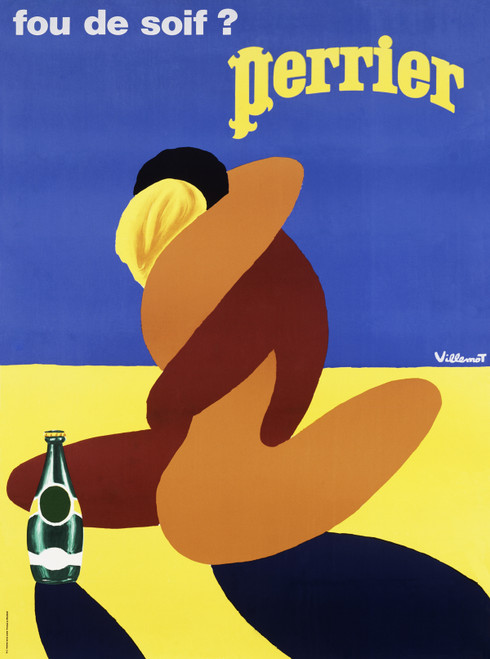 Perrier Vintage Poster by Bernard Villemot 1980s French Water Advertisement – High Quality Giclee Reproduction Fine Art Print. The artwork features a couple embracing, surrounded by dynamic shapes and bright colors, with a green bottle of Perrier Water placed at the forefront, symbolizing refreshment and vitality.