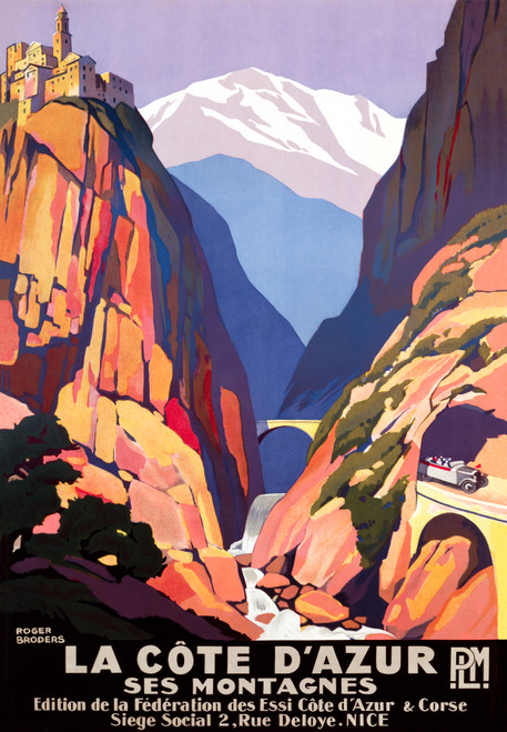 La Cote d'Azur Ses Montagnes PLM Vintage Poster by Roger Broders 1930 French Travel Advertisement – High Quality Giclee Reproduction Fine Art Print. A scenic depiction of the stunning landscapes of the Côte d'Azur with towering mountains, a beautiful valley, and a vintage car traveling along the road, evoking the allure of this French region.