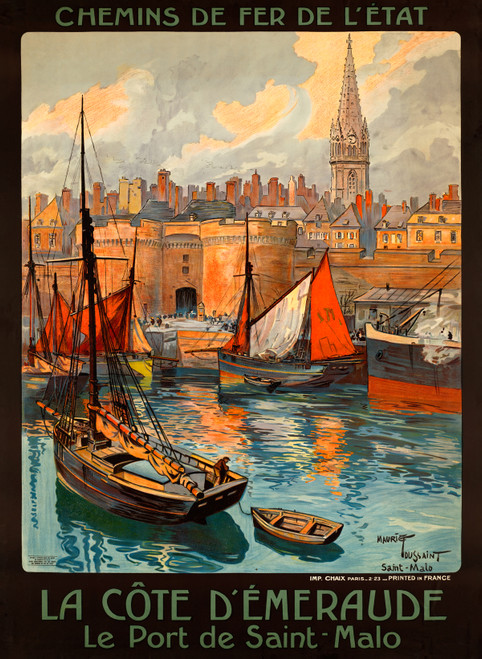 La Cote D'Emeraude Le Port de Saint - Malo Vintage Poster by Maurice Toussaint 1925 French Travel Advertisement - High Quality Giclee Reproduction Fine Art Print. The poster showcases the vibrant port of Saint-Malo with colorful boats on the water, the impressive Saint-Malo church in the background, and the beautiful coastal architecture.