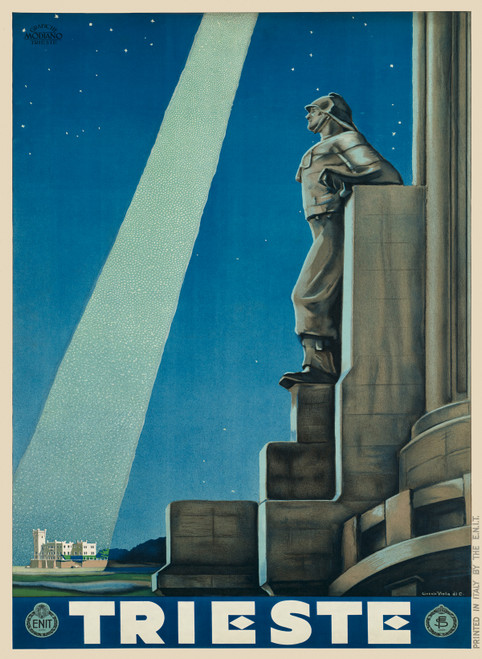 Trieste Vintage Poster by Giorgio Viola di C. 1938 Italian Travel and Tourism Advertisement - High Quality Giclee Reproduction Fine Art Print. The poster showcases a statue of a seaman at the Faro della Vittoria lighthouse, symbolizing Trieste's maritime heritage, with stunning coastal views in the background.