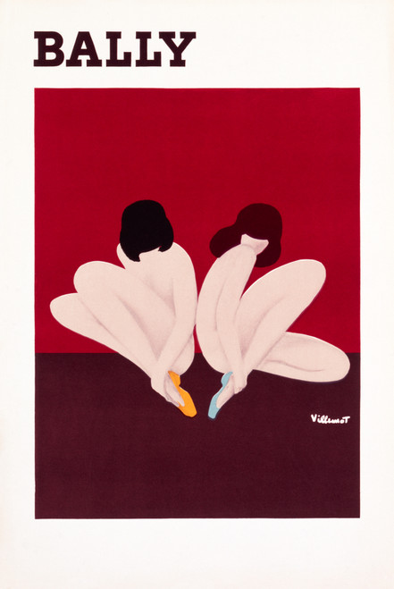 Bally Vintage Poster by Bernard Villemot 1968 French Shoes Advertisement - High Quality Giclee Reproduction Fine Art Print. The poster features two minimalist figures wearing brightly colored Bally shoes, set against a bold red and dark background, emphasizing the brand's stylish footwear.