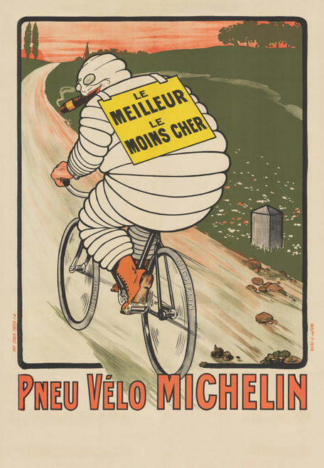 Pneu Velo Michelin Vintage Poster by O'Galop 1913 French Bicycle Tire Advertisement - High Quality Giclee Reproduction Fine Art Print.
The poster features the Michelin Man riding a bicycle, holding a sign that reads "Le Meilleur, Le Moins Cher" (The Best, The Cheapest), promoting Michelin's bicycle tires against a scenic backdrop.