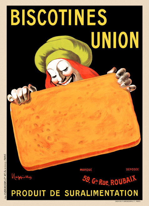 Biscotines Union Vintage Poster by Leonetto Cappiello 1906 French Biscuit & Confectionery Advertisement – High Quality Giclee Reproduction Fine Art Print. Featuring a cheerful clown holding a large, golden-brown biscuit with exaggerated features, set against a stark black background.