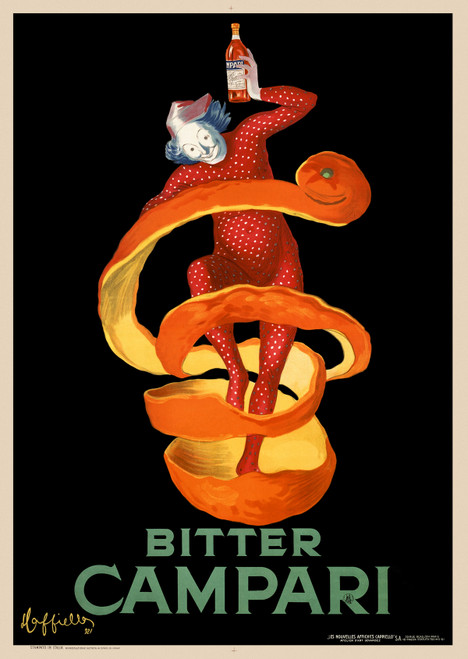 Bitter Campari Vintage Poster by Leonetto Cappiello 1921 Italian Wine & Spirits Advertisement – High Quality Giclee Reproduction Fine Art Print. Featuring a clown character balancing a bottle of Campari while twisting through a vibrant orange peel snake, against a black background.
