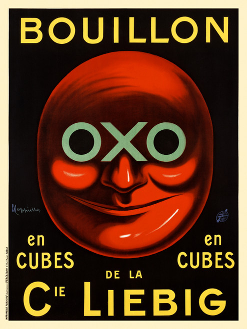 OXO Bouillon En Cubes Vintage Poster by Leonetto Cappiello 1911 French Bouillon Cubes Food Advertisement – High Quality Giclee Reproduction Fine Art Print. Featuring a bold red face with large, expressive eyes and a playful design, set against a black background.