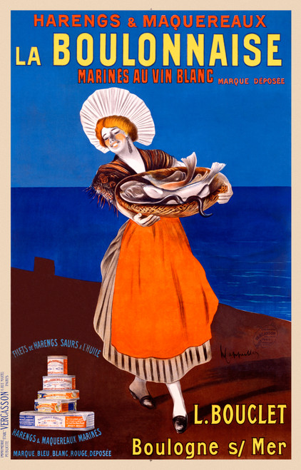 La Boulonnaise Harengs and Maquereaux Vintage Poster by Leonetto Cappiello 1912 French Canned & Preserved Seafood Advertisement – High Quality Giclee Reproduction Fine Art Print. Featuring a woman in a vibrant orange skirt holding a basket of fish, with a stack of canned fish beside her and a bright blue sea backdrop.