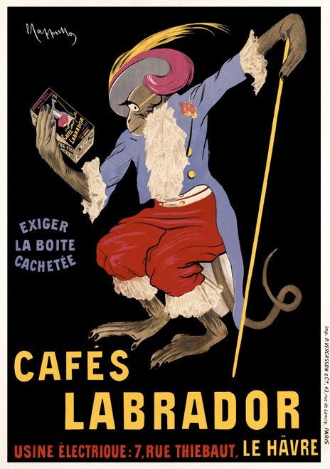Cafes Labrador Vintage Poster by Leonetto Cappiello Vintage 1903 French Coffee Advertisement – High Quality Giclee Reproduction Fine Art Print. Featuring a quirky scene with a monkey dressed in a flamboyant outfit, holding a box of coffee with elegance and flair, set against a dark background.