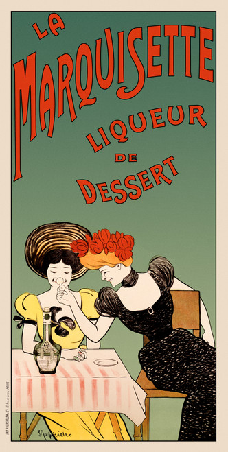 La Marquisette Liqueur De Dessert Vintage Poster by Leonetto Cappiello 1901 French Wine & Spirits Advertisement – High Quality Giclee Reproduction Fine Art Print. Featuring two elegant women, one wearing a yellow dress with a large floral hat and the other in a black dress, sitting at a table and sharing a toast with a bottle of liqueur in front of them, set against a green background.