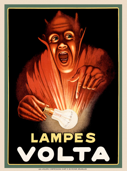 Lampes Volta Vintage Poster 1920 Begium Light Bulbs Advertisement – High Quality Giclee Reproduction Fine Art Print. Featuring a devil-like character dramatically holding an electric bulb, with a glowing light emanating from it, set against a dark background.