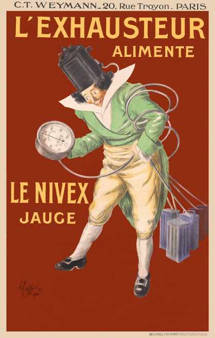 L'Exhausteur Alimente Le Nivex Jauge Vintage Poster by Leonetto Cappiello 1920 French Automotive Tools & Equipment Advertisement – High Quality Giclee Reproduction Fine Art Print. Featuring a whimsical illustration of a man in an elaborate costume, holding a gauge and interacting with mechanical parts, set against a bold red background.