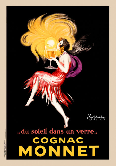Cognac Monnet Vintage Poster by Leonetto Cappiello 1927 French Wine & Spirits Advertisement – High Quality Giclee Reproduction Fine Art Print. Featuring a lively illustration of a woman in a red and white dress with flowing fringe, holding a glass of cognac with a glowing sun like effect, set against a black background.