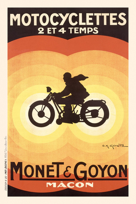 Motocyclettes Monet & Goyon Vintage Poster by O.K. Gerard 1926 French Motorcycle Advertisement – High Quality Giclee Reproduction Fine Art Print. Featuring a silhouette of a motorcyclist in motion, set against a vibrant orange and yellow circular background.