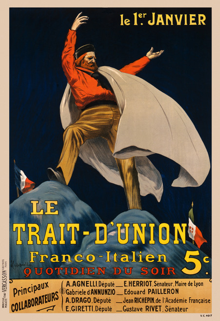 Le Trait D'Union Franco - Italien Vintage Poster by Leonetto Cappiello 1919 French Theater Exhibition Advertisement – High Quality Giclee Reproduction Fine Art Print. Featuring a dynamic figure, standing on a rocky peak with an outstretched arm, symbolizing the Franco-Italian unity, with flags and vibrant background.