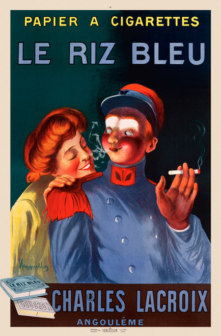 Le Riz Bleu Papier A Cigarettes Vintage Poster by Leonetto Cappiello 1913 French Cigarettes Paper Advertisement – High Quality Giclee Reproduction Fine Art Print. Featuring a playful scene with a woman and a man in a military-style uniform sharing a smile, as the man holds a cigarette, set against a vibrant, colorful background.