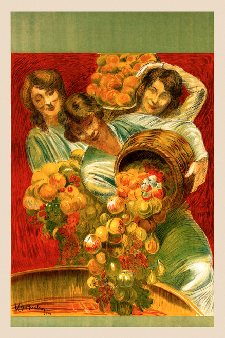 Confitures Foucault (Proof) Vintage Poster by Leonetto Cappiello 1919 French Fruit Jam Advertisement – High Quality Giclee Reproduction Fine Art Print. Featuring three women joyfully pouring fruit, including peaches and grapes, from a basket, set against a vibrant red and green backdrop.