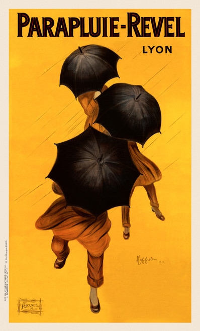 Parapluie - Revel Lyon Vintage Poster by Leonetto Cappiello 1922 French Umbrella Advertisement – High Quality Giclee Reproduction Fine Art Print. Featuring three figures holding black umbrellas while walking through the rain, set against a bold yellow background.