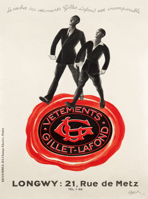 Vetements Gillet Lafond Vintage Poster by Leonetto Cappiello 1934 French Fashion & Clothing Advertisement – High Quality Giclee Reproduction Fine Art Print. Featuring two dapperly dressed men striking a confident pose, with a bold red and black logo underneath them, all set against a minimalist white background.